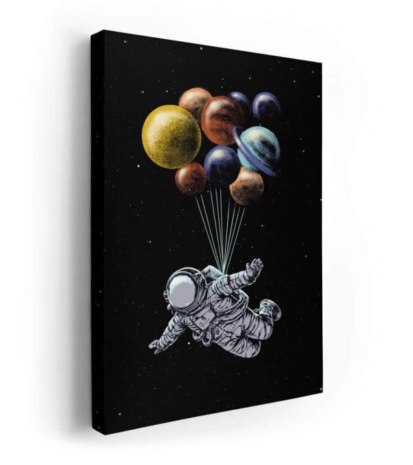 uzay ve dünya kanvas tablo üzerinde gezegenleri uçan balon olarak kendisine bağlayan bir astronot uçarken halini yansıtan lavi tasarım tablosu