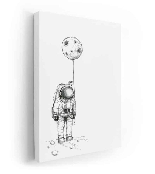 uzayda astronot yaşamı kanvas tablo da elinde ay ı balon gibi tutan bir astronot yer almakta