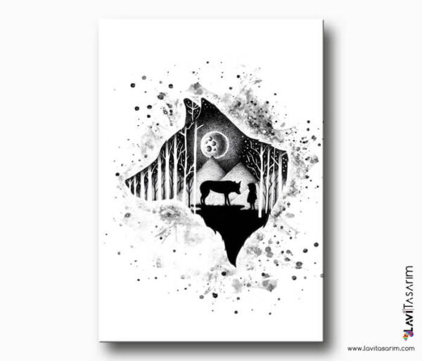 siyah beyaz kurt kanvas tablo , lavi tasarım , black white wolf , lavi tasarim