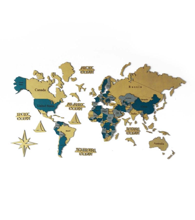 Beyaz zemin üzerinde hardal, mavi, yeşil, füme renklerde ülkeleri gösteren Azul 3D Ahşap Dünya Haritası