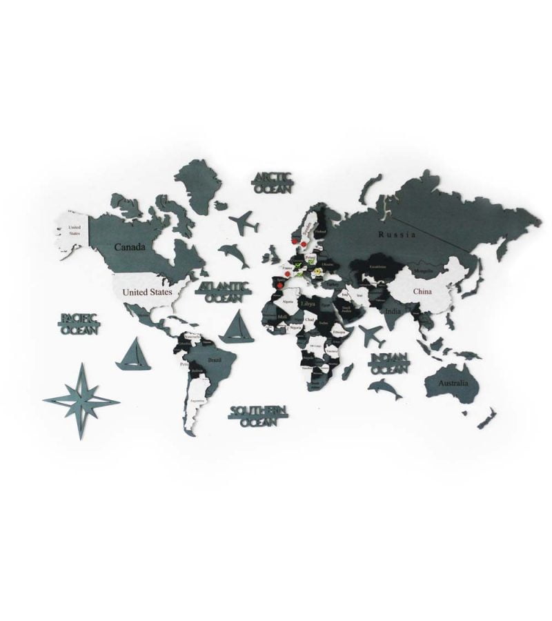 Beyaz zemin üzerinde gri, krem, siyah renklerde ülkeleri gösteren Cinza 3D Ahşap Dünya Haritası Duvar Dekoru