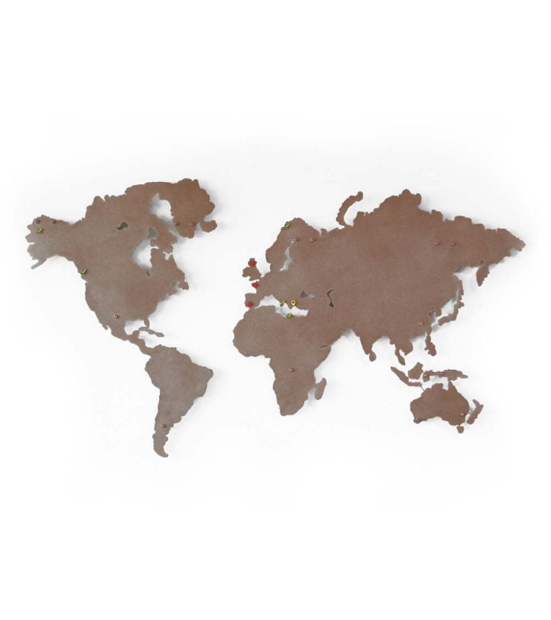 Beyaz zemin üzerinde bakır renklerde ülkeleri ve kıtaları gösteren Metal Duvar Süsü Dünya Haritası 2D Harita -Cobre