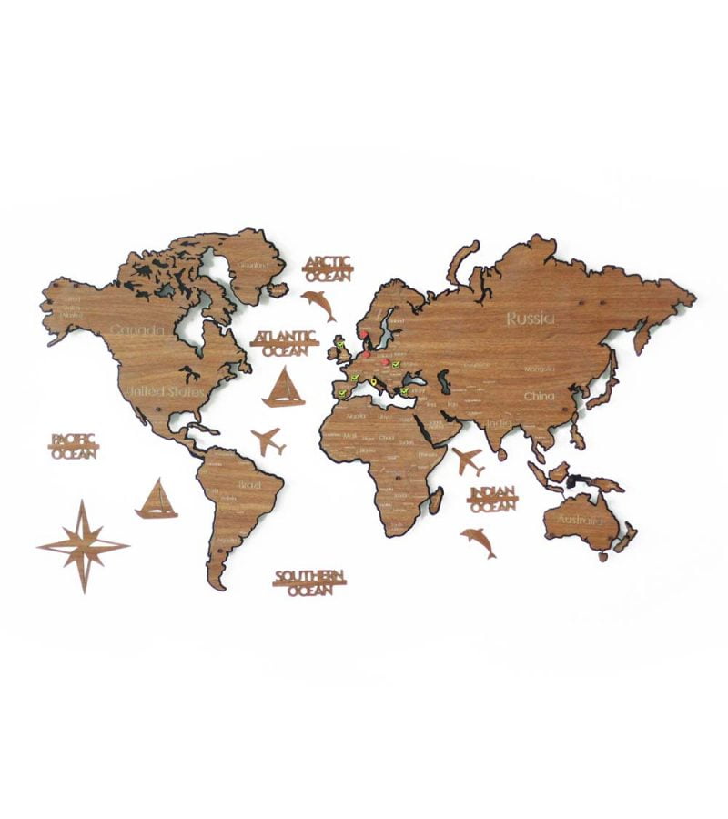 Beyaz zemin üzerinde kahverengi, ceviz renkte ülkeleri, sınırları ve kıtaları gösteren Mutfak Duvar Dekorasyon Aksesuarı Cozinha Dünya Haritası