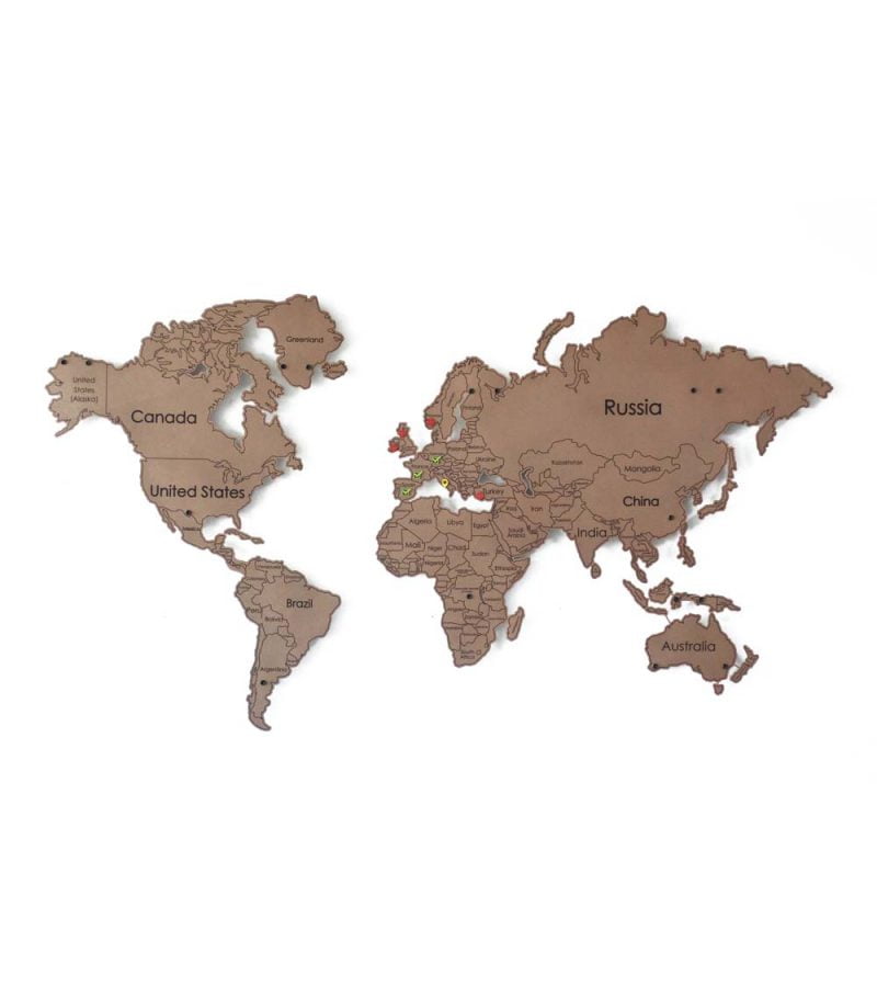 Beyaz zemin üzerinde bakır renklerde ülkeleri ve kıtaları isimleri ve sınırları ile gösteren Dünya Dilsiz Haritası Siyasi Koper