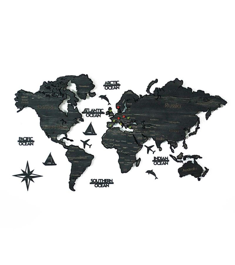 Beyaz zemin üzerinde koyu kahverengi, koyu gri, siyahımsı renkte ülkeleri, sınırları ve kıtaları gösteren Dünya Toprak Haritası Metal Ahşap 2D Harita Mapa