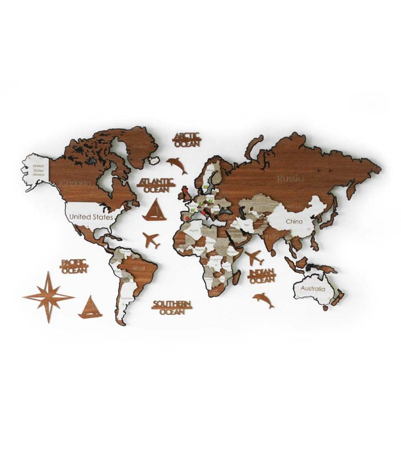 Beyaz zemin üzerinde gri, krem, beyaz, kahverengi renklerde ülkeleri gösteren Mistura Metal & Ahşap Dünya Haritası 3D Duvar Dekoru