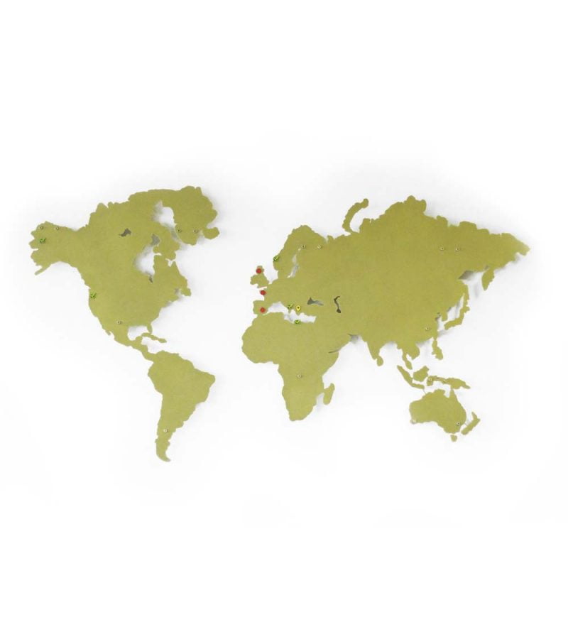 Beyaz zemin üzerinde altın, gold renklerde ülkeleri ve kıtaları gösteren Ofis Duvar Dekorasyon ürünü Ouro Metal Dünya Haritası