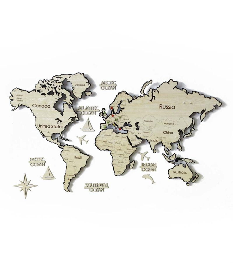 Beyaz zemin üzerinde Akçaağaç ve krem renkte ülkeleri, sınırları ve kıtaları gösteren Salon Duvar Dekorasyon Aksesuarı Sentado Dünya Haritası